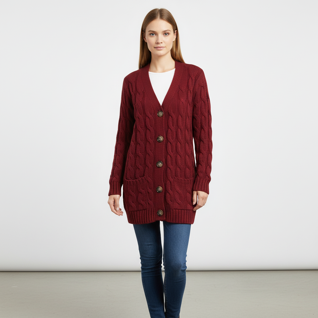 Warm button-up knit sweater in a classic design, perfect long sleeve layer for casual wear