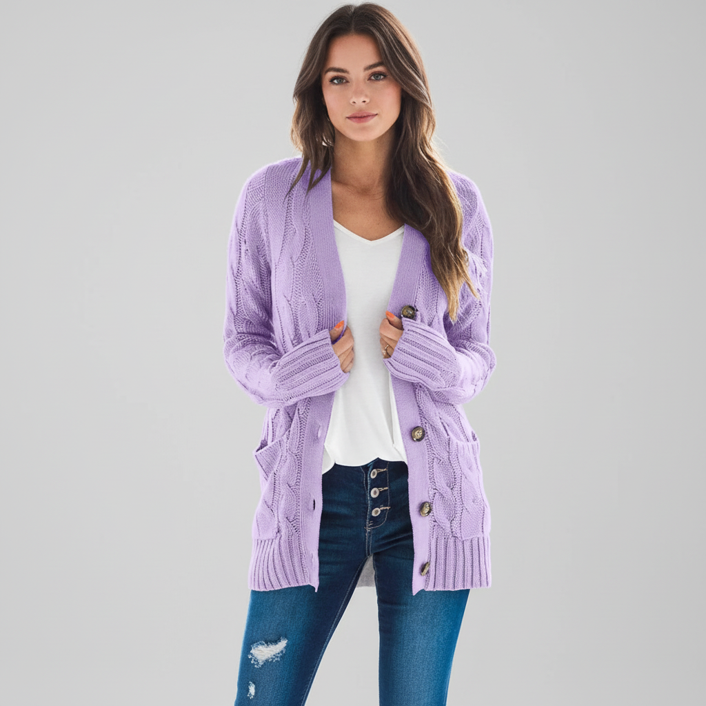 Soft polyester women's cardigan, featuring a v-neck and pockets, suitable for fall clothing