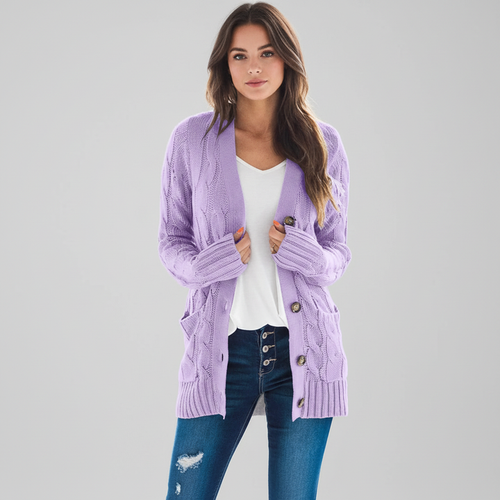 Soft polyester women's cardigan, featuring a v-neck and pockets, suitable for fall clothing