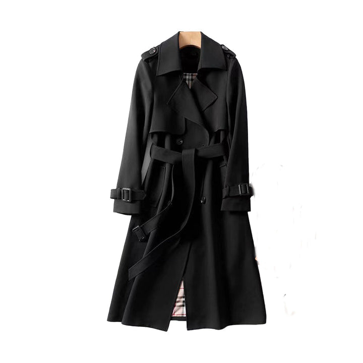 Long classic women's trench coat. Double-breasted design, sophisticated and elegant outerwear for timeless fashion.