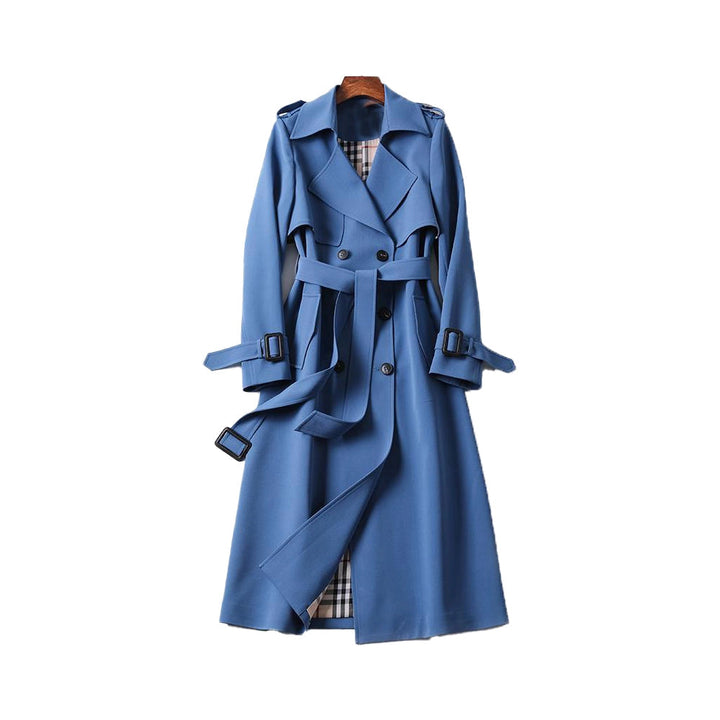 Beige women's classic trench coat. A sophisticated, versatile long outerwear jacket, perfect for fall and spring fashion.