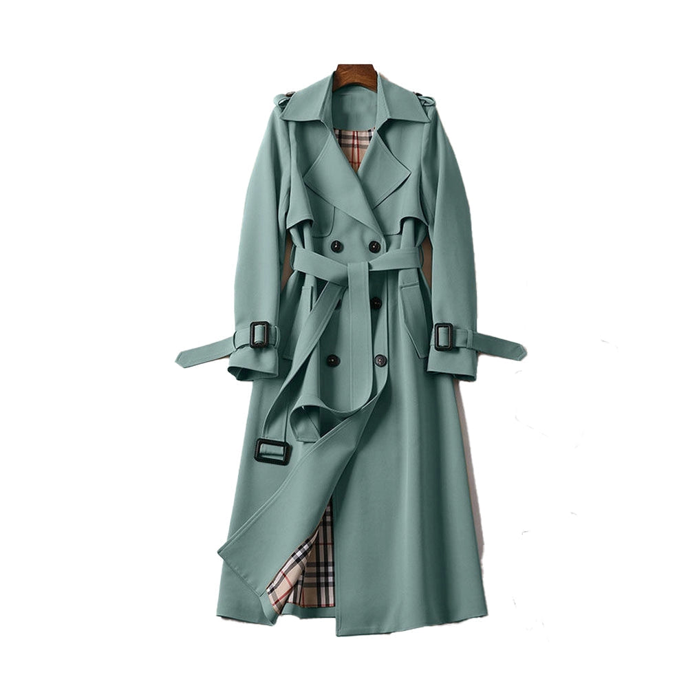 Back view: Women's classic trench coat, showcasing double-breasted design & elegant, sophisticated outerwear style.