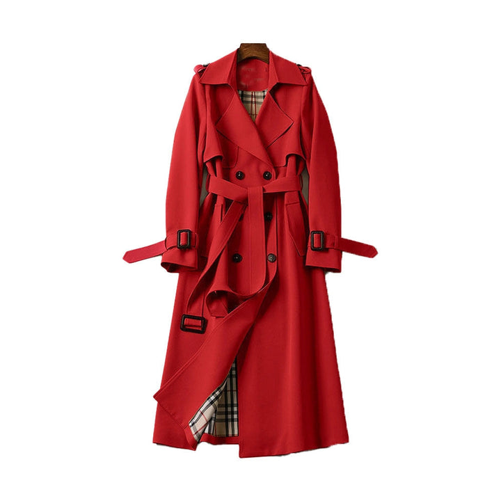 Front view: Women's classic trench coat with belted waist. Elegant, versatile outerwear for sophisticated all-season style.