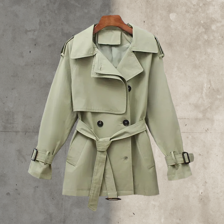 Women's classic double-breasted trench coat with a belted waist, perfect for elegant fall and spring outerwear.