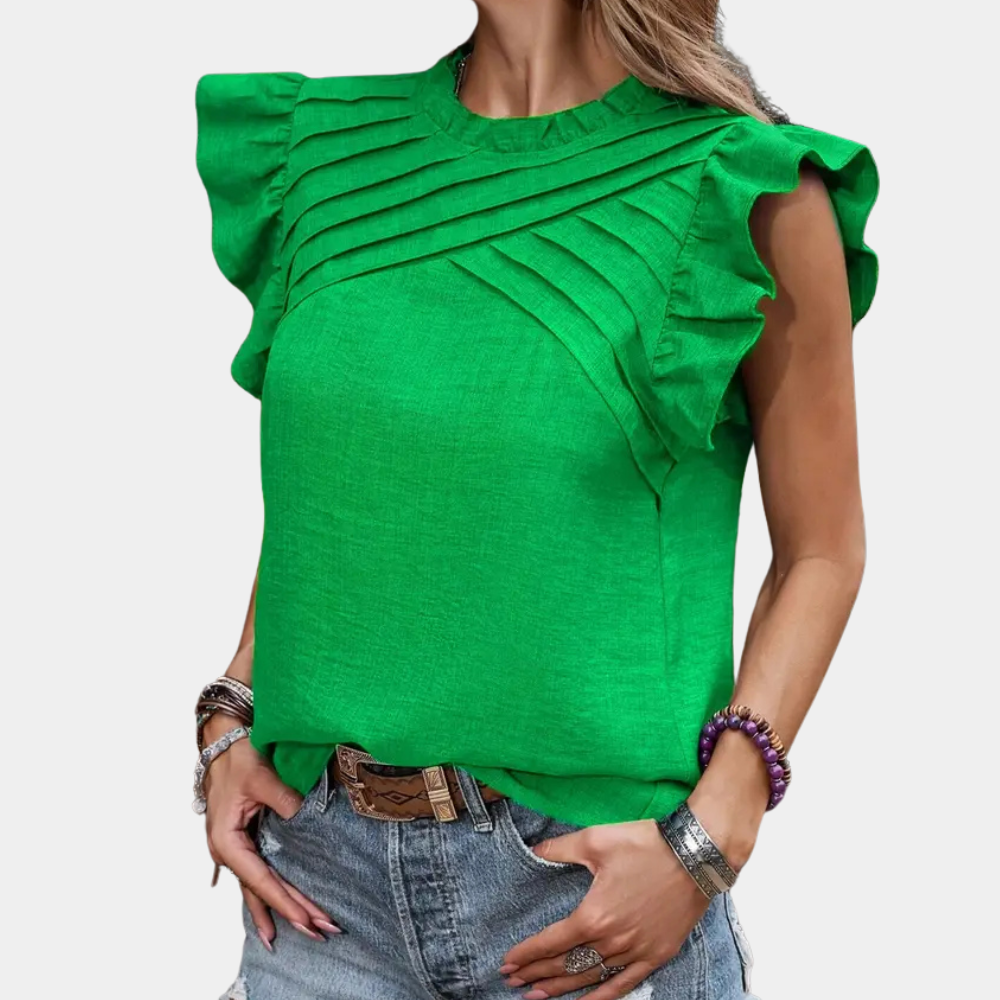 Women's classic green ruffle blouse with long sleeves, perfect for elegant office wear or casual chic style.