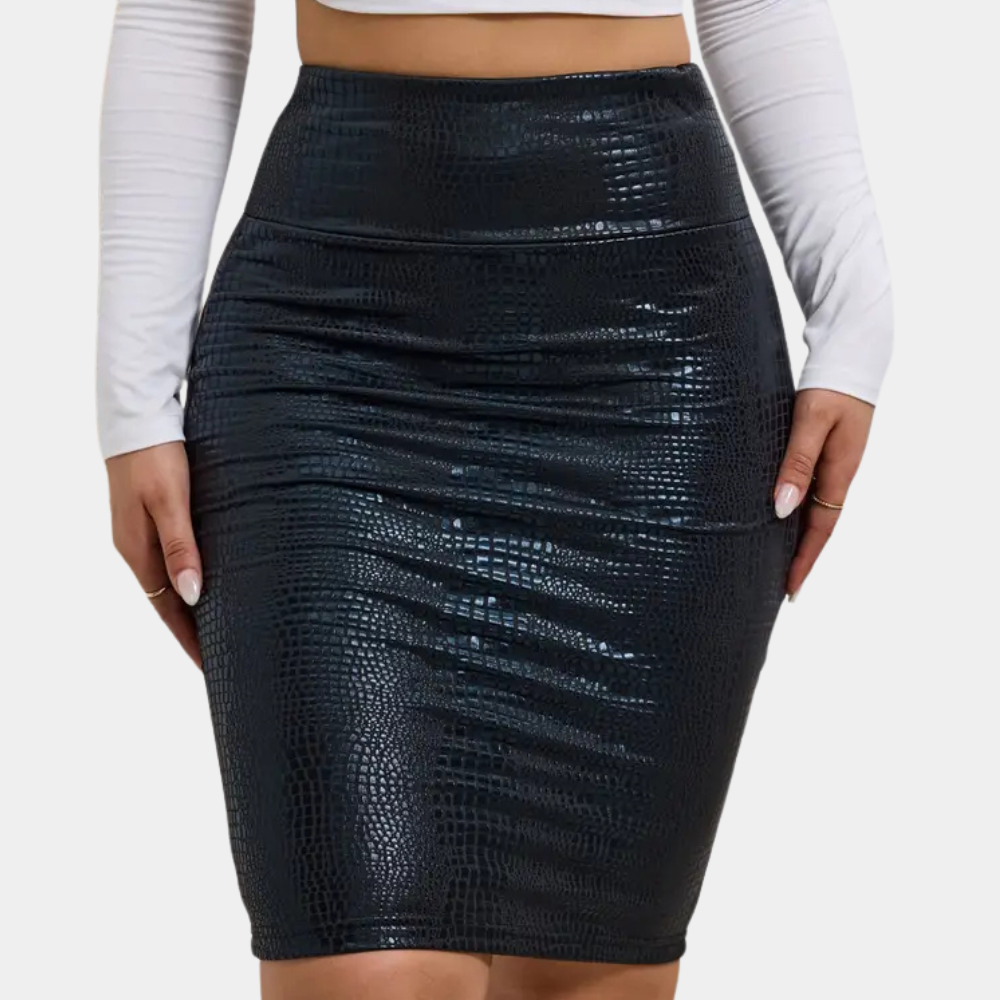 Women's classic high-waist black pencil skirt, perfect for office or formal wear.