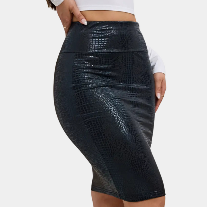 Classic women's high-waist pencil skirt, available in black or brown, great for professional attire.