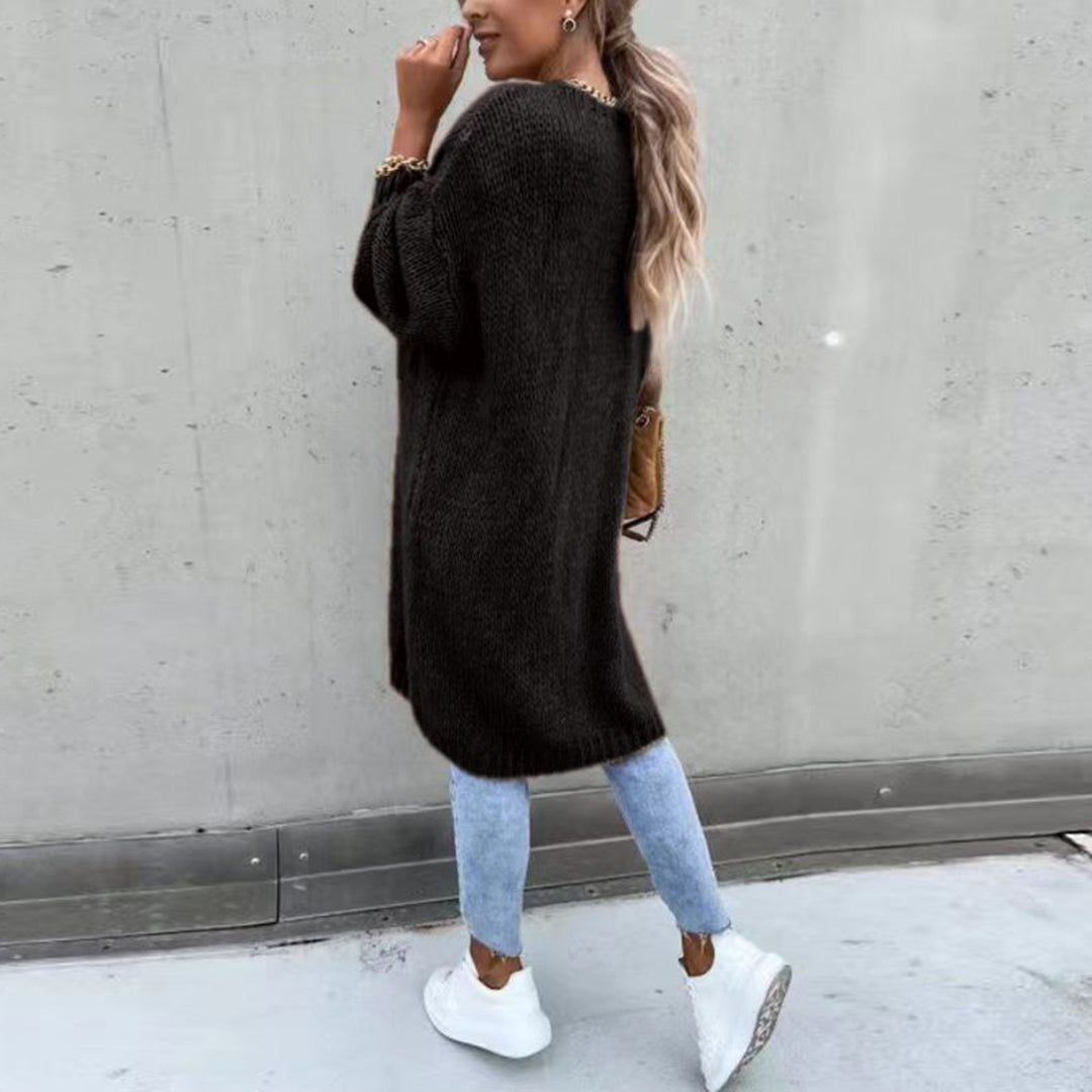 Warm women's classic cardigan, perfect for winter layering & fall fashion versatility.
