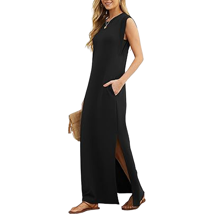 Women's classic loose sleeveless maxi beach dress, perfect for summer vacations. Flowing casual style.
