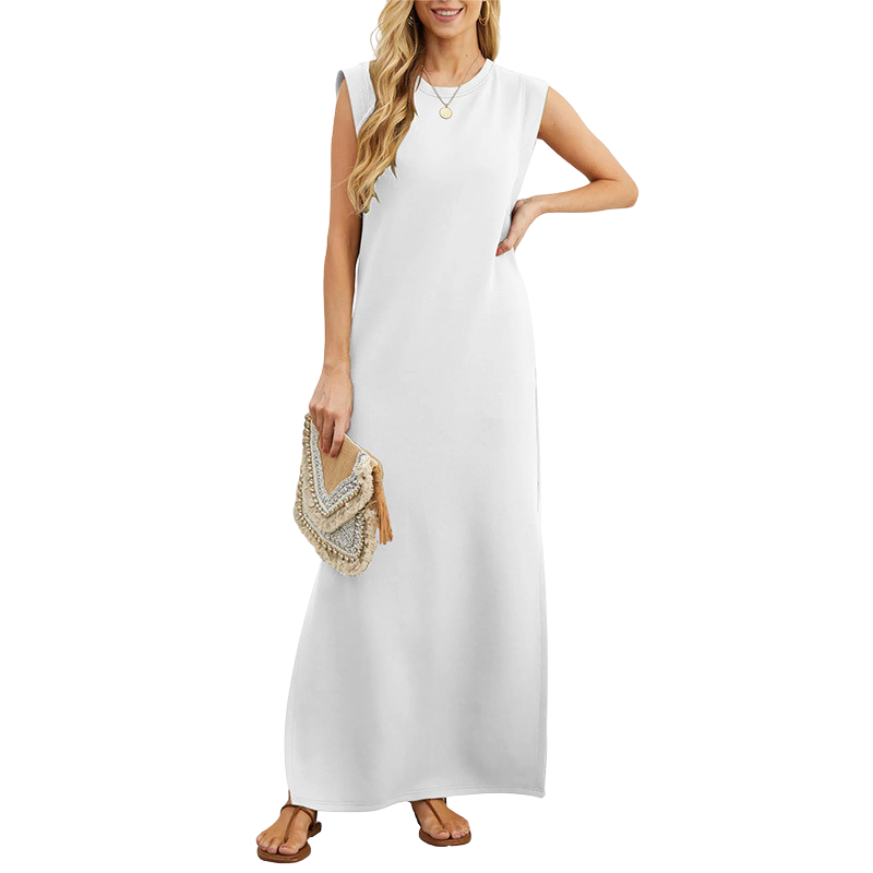 Elegant women's sleeveless maxi dress with a flowing silhouette, featuring a vibrant floral print.