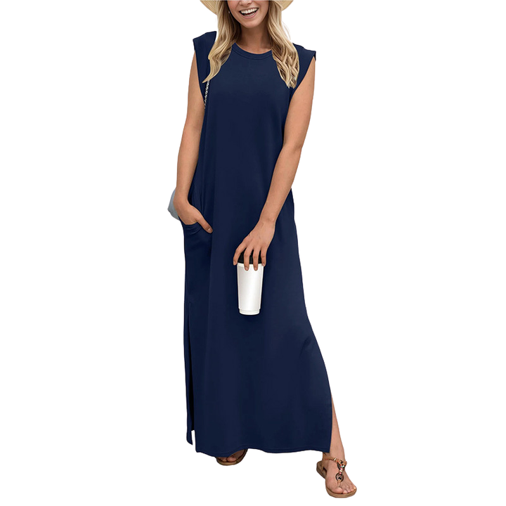 Boho style women's sleeveless maxi dress, loose and flowing for beach trips or casual summer outings.