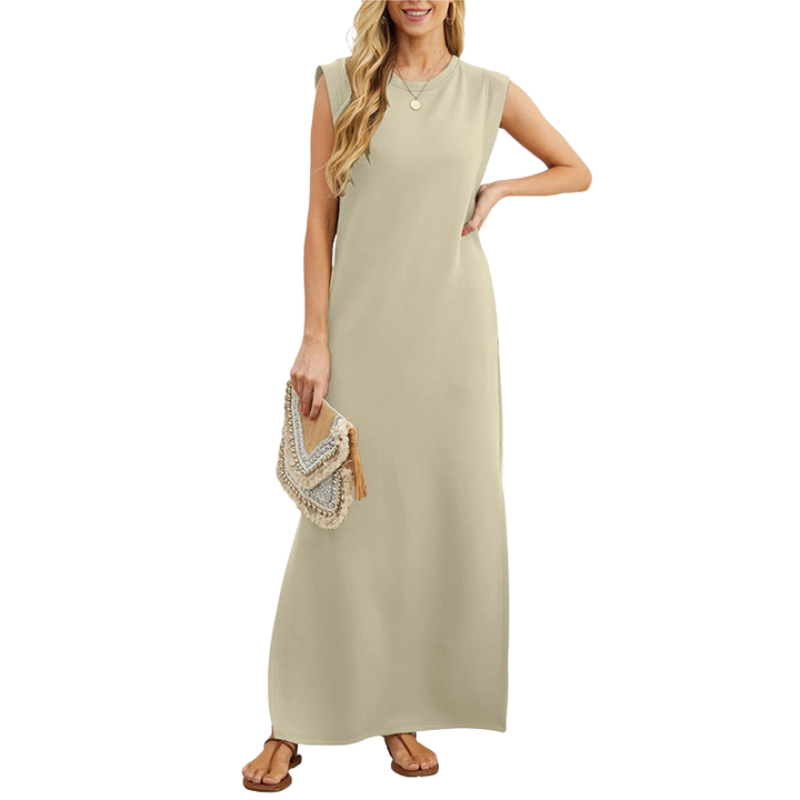 Classic floral print women's sleeveless maxi dress, loose and flowing. Perfect elegant beach vacation wear.