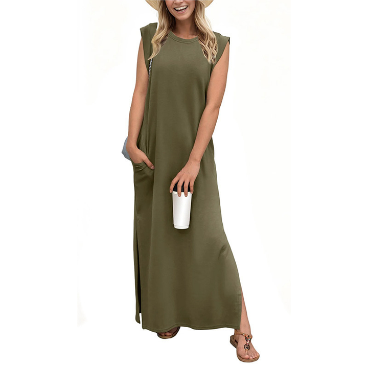 Women's loose sleeveless maxi dress. Classic, flowing design for comfortable beach and summer casual wear.