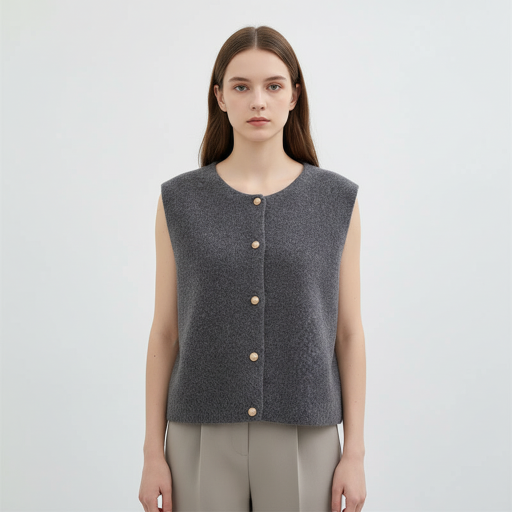 Cozy women's sleeveless merino wool knit vest with button closure, ideal for winter wear