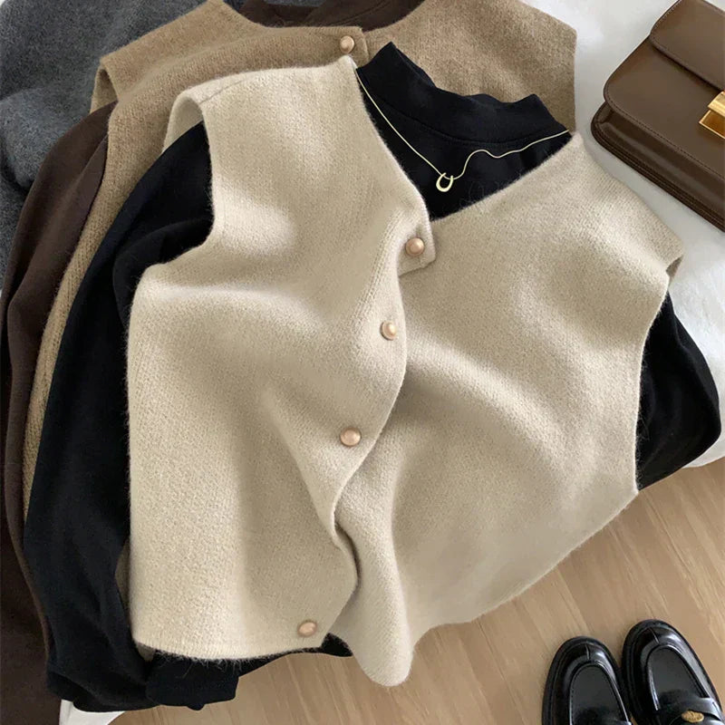 Stylish women's merino wool vest with front button closure, Lena, great for colder weather