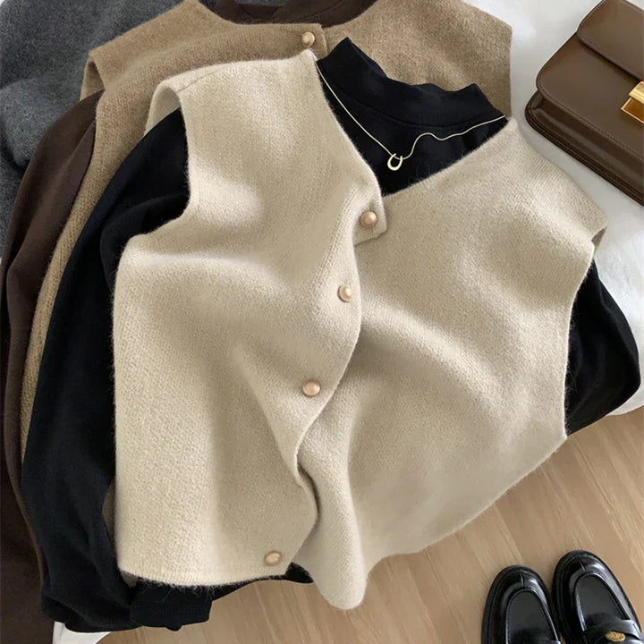 Stylish women's merino wool vest with front button closure, Lena, great for colder weather