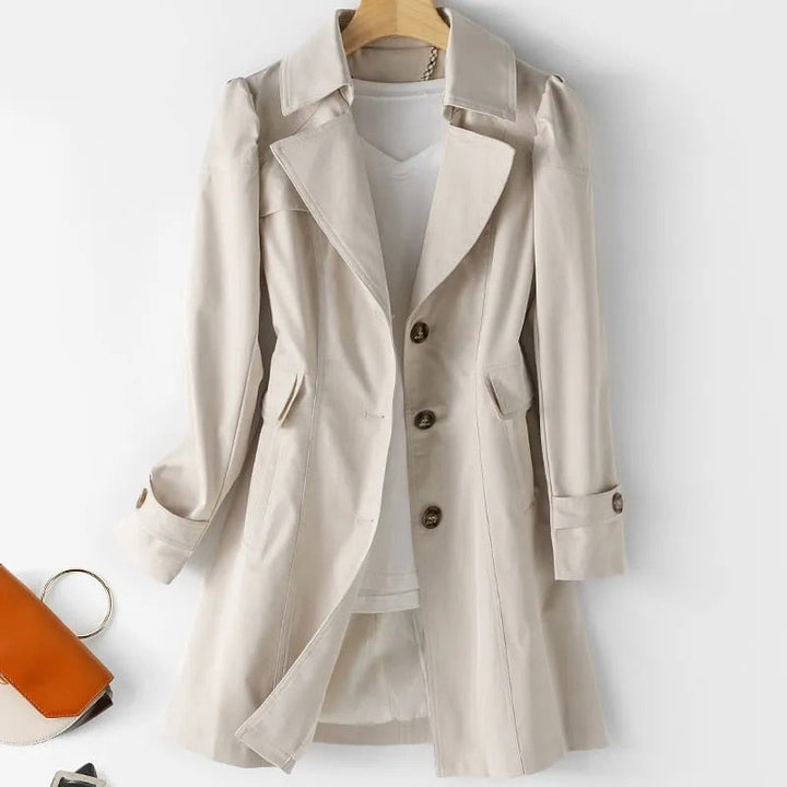 Women's classic mid-length trench coat in a timeless style, perfect for elegant spring & fall outerwear.