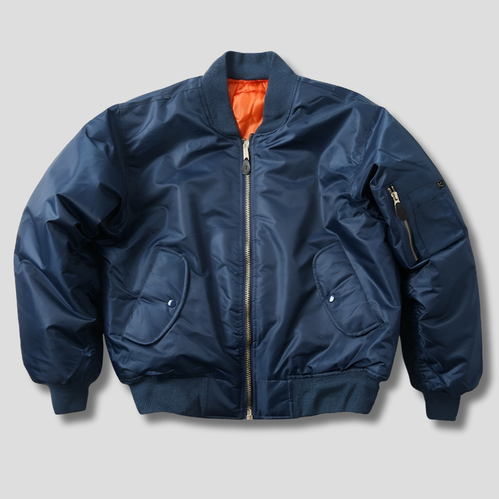 Stylish women's bomber jacket in a classic rib-knit design, perfect casual fashion outerwear.