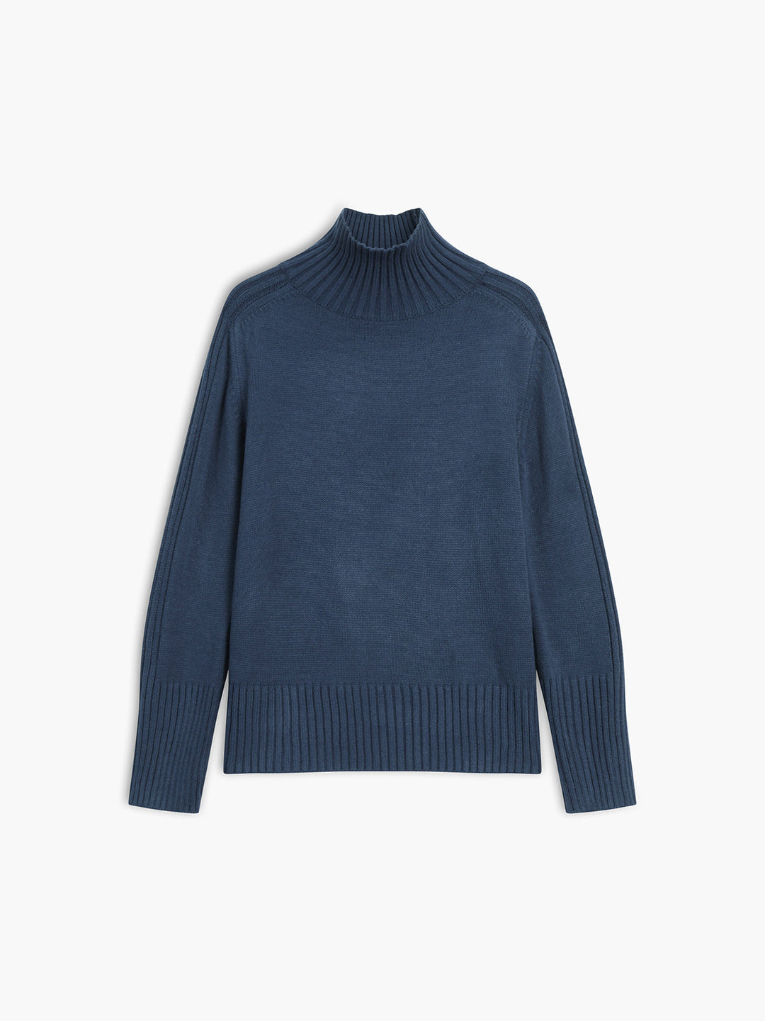 Elegant navy women's roll neck sweater, a versatile long sleeve top for casual wear or sophisticated work outfits.