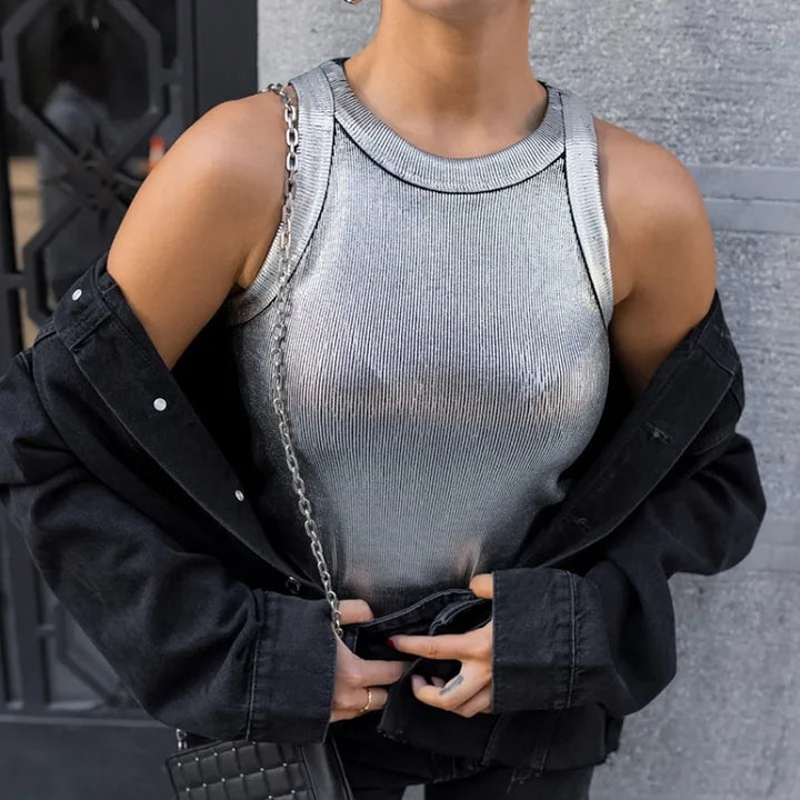 Versatile women's basic tank top, a chic sleeveless layering piece for modern everyday fashion.