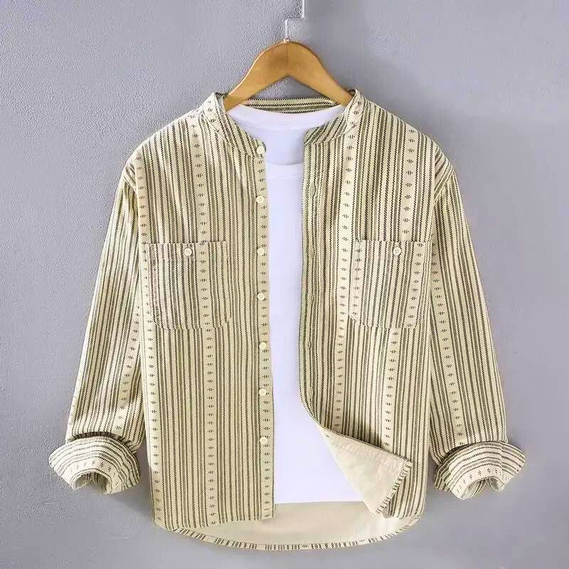 Classic women's striped button-down shirt, a comfortable long sleeve top for workwear or casual everyday style.