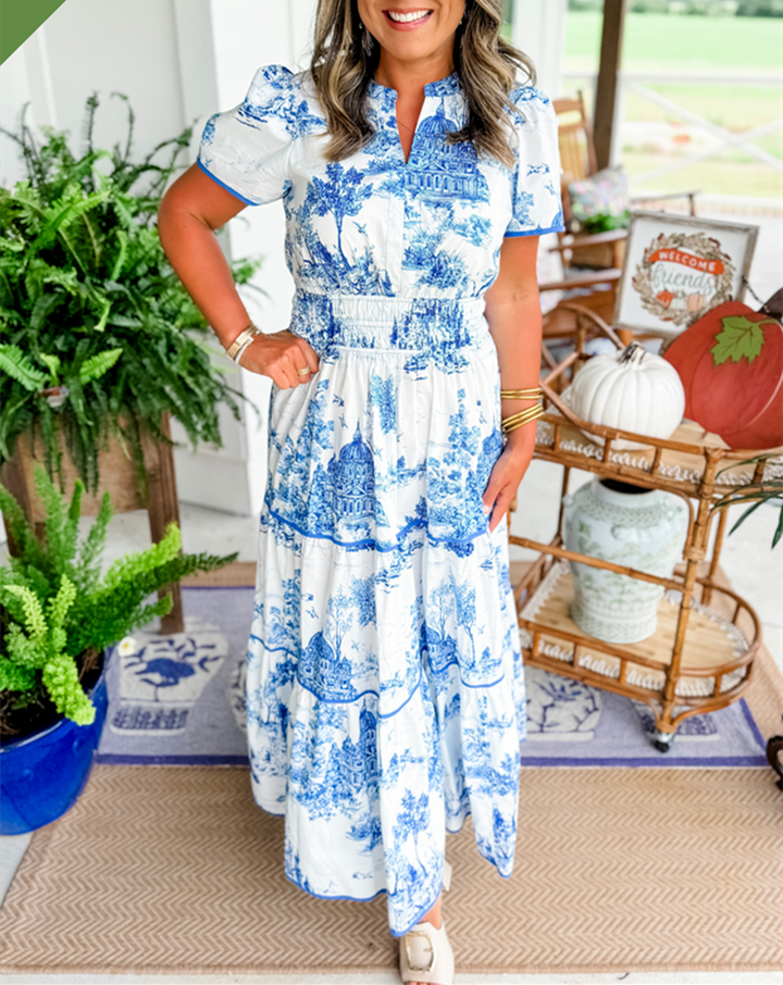 Model in a versatile Women's Classic Toile Maxi Dress. Flowy & elegant for summer events or casual wear.
