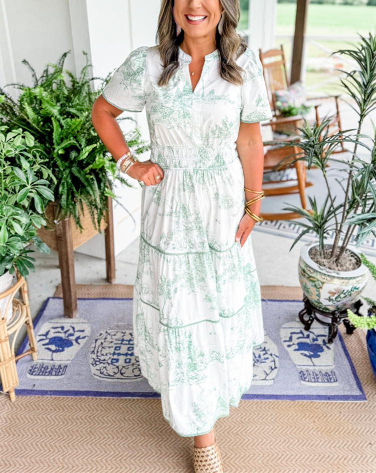 Elegant Women's Classic Toile Maxi Dress, perfect event wear. Timeless toile print, versatile summer fashion.