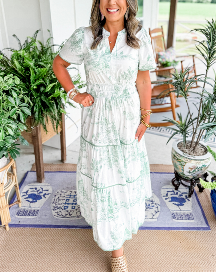 Elegant Women's Classic Toile Maxi Dress, perfect event wear. Timeless toile print, versatile summer fashion.