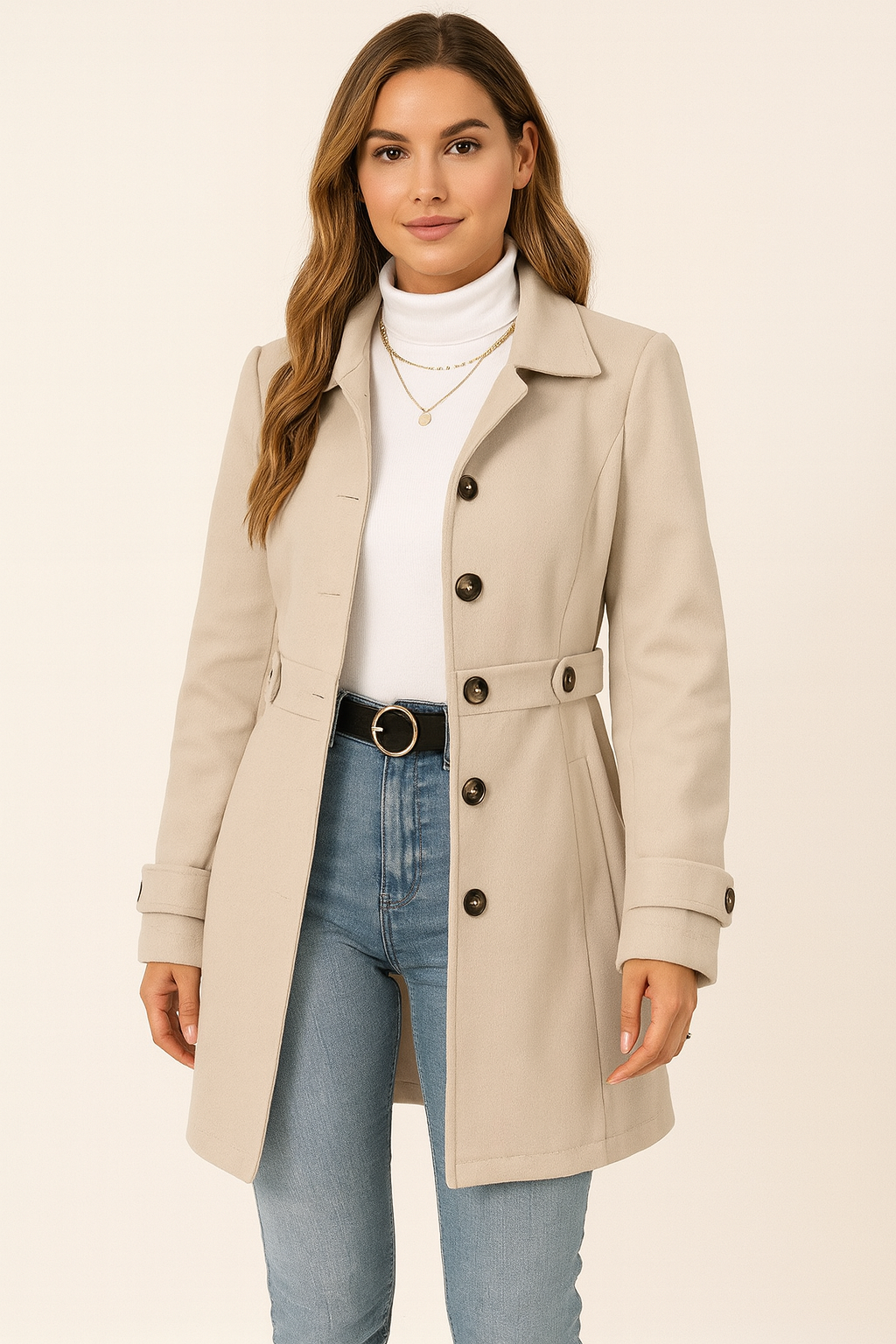 Women's classic trench coat with adjustable belt & elegant notch collar, perfect for fall fashion & office wear.