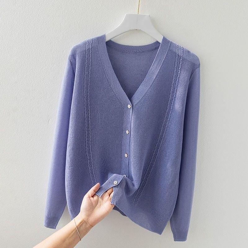 Women's classy silk blend V-neck knit top, short sleeve, breathable for summer wear.