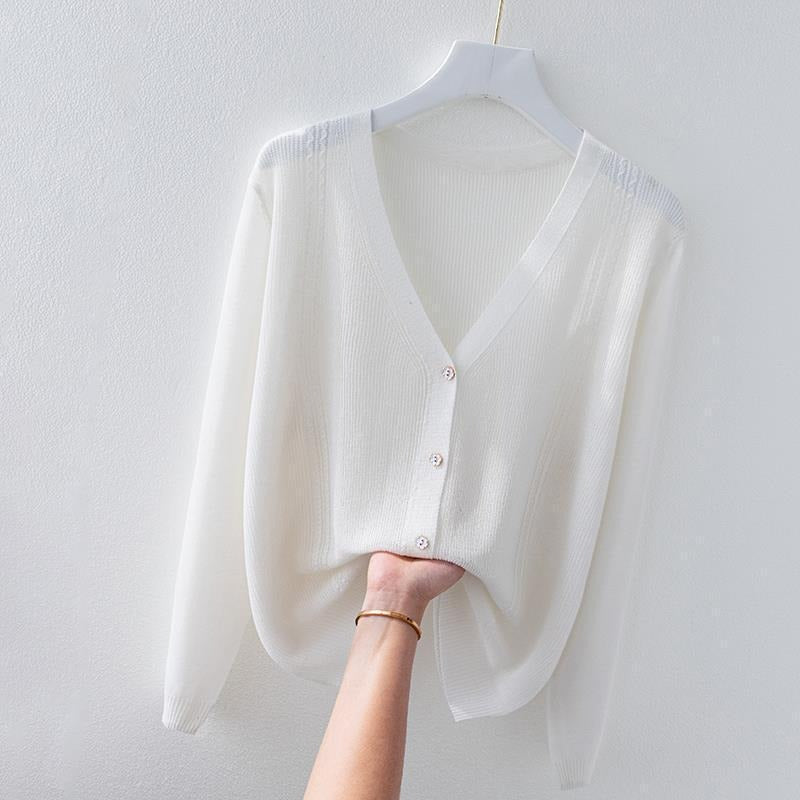 Elegant women's V-neck knit top, silk blend, button-up, perfect for casual everyday wear.
