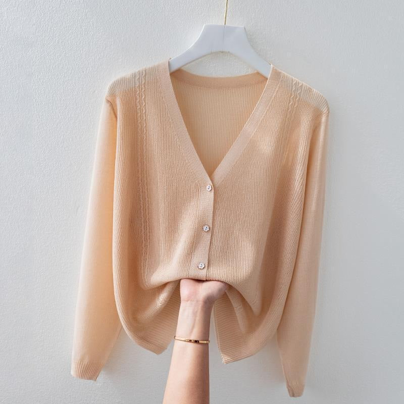 Breathable silk blend knit V-neck top for women, short sleeve, classy and comfortable.
