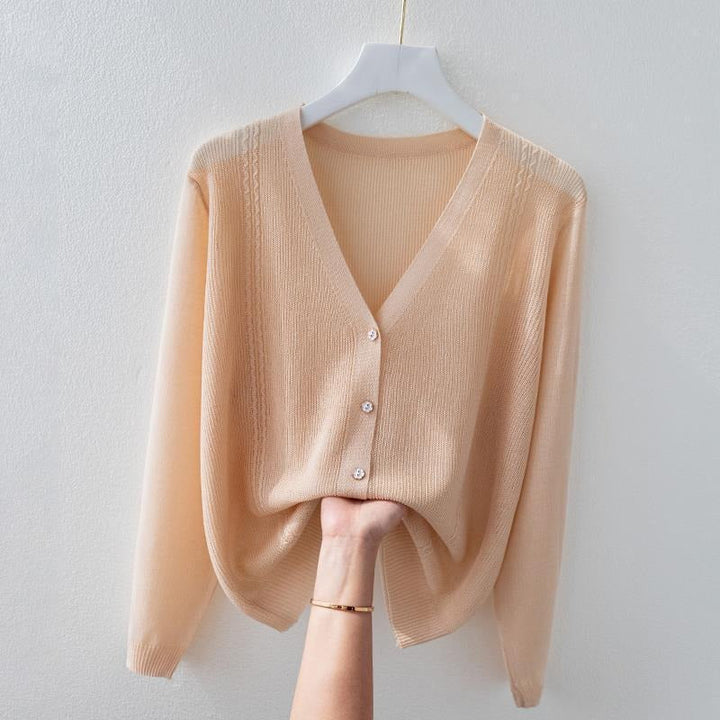 Breathable silk blend knit V-neck top for women, short sleeve, classy and comfortable.