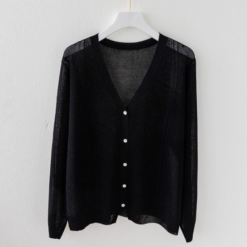 Classy women's silk blend V-neck knit top, short sleeve, breathable, ideal for summer.