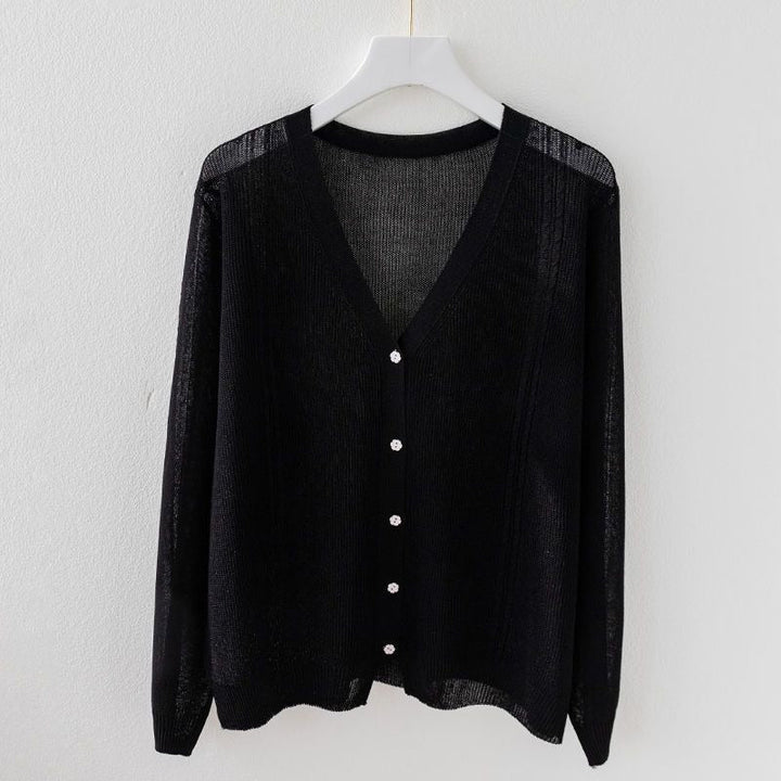 Classy women's silk blend V-neck knit top, short sleeve, breathable, ideal for summer.