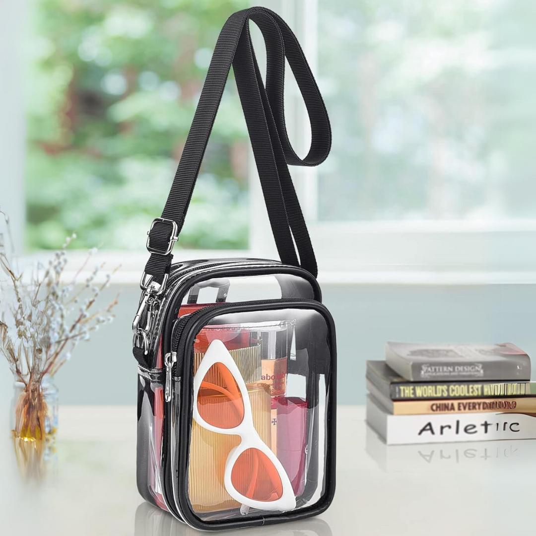 Hands-free stadium approved clear bag for women featuring a comfortable removable crossbody strap