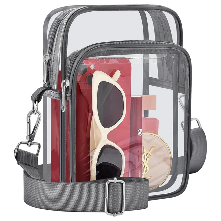 Clear event bag for women, stadium approved, featuring a flexible removable and adjustable strap