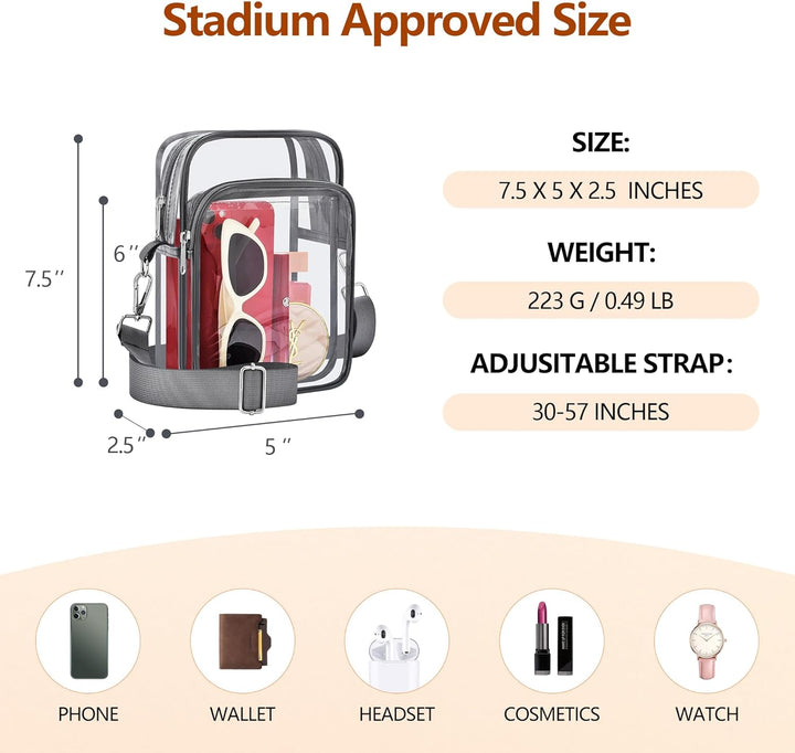 Fashionable women's clear handbag with removable crossbody strap, showcasing interior space
