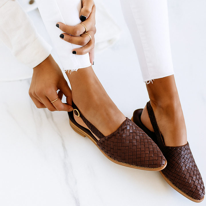 Women's closed toe slip-on mules, comfortable backless flats, casual everyday footwear.