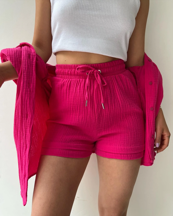Soft coastal cotton lounge set for women, two-piece summer outfit, extremely comfy.