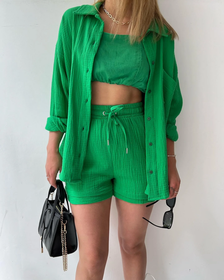 Women's two-piece cotton lounge set, breathable & comfortable, perfect for summer.