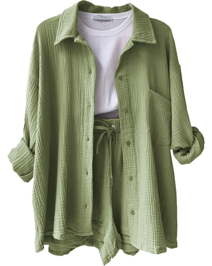Breathable women's coastal lounge set, cotton fabric for ultimate summer comfort.
