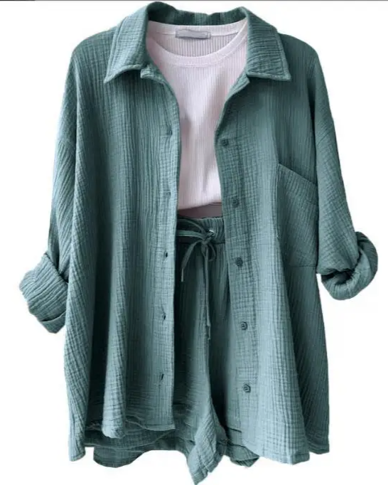 Women's summer cotton lounge set, relaxed fit shorts & top for breathable comfort.