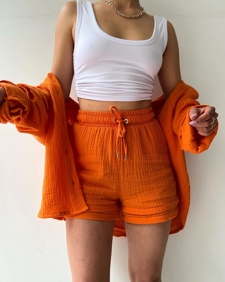 Comfortable women's two-piece cotton lounge set, great for home or beach vacation.