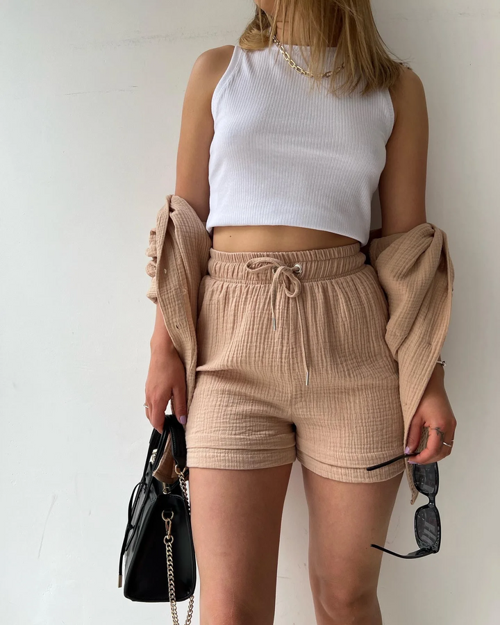 Women's summer cotton lounge set, two-piece shorts & top, relaxed and comfortable.