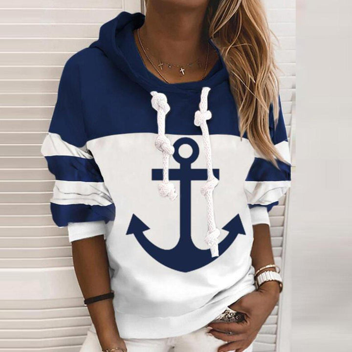 Women's color block hoodie with anchor design. Casual pullover, long sleeve, comfortable maritime style.