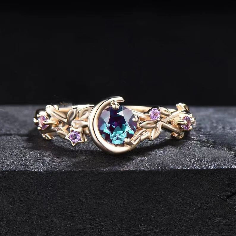 Women's color change Alexandrite & Amethyst engagement ring, fine jewelry gemstone.
