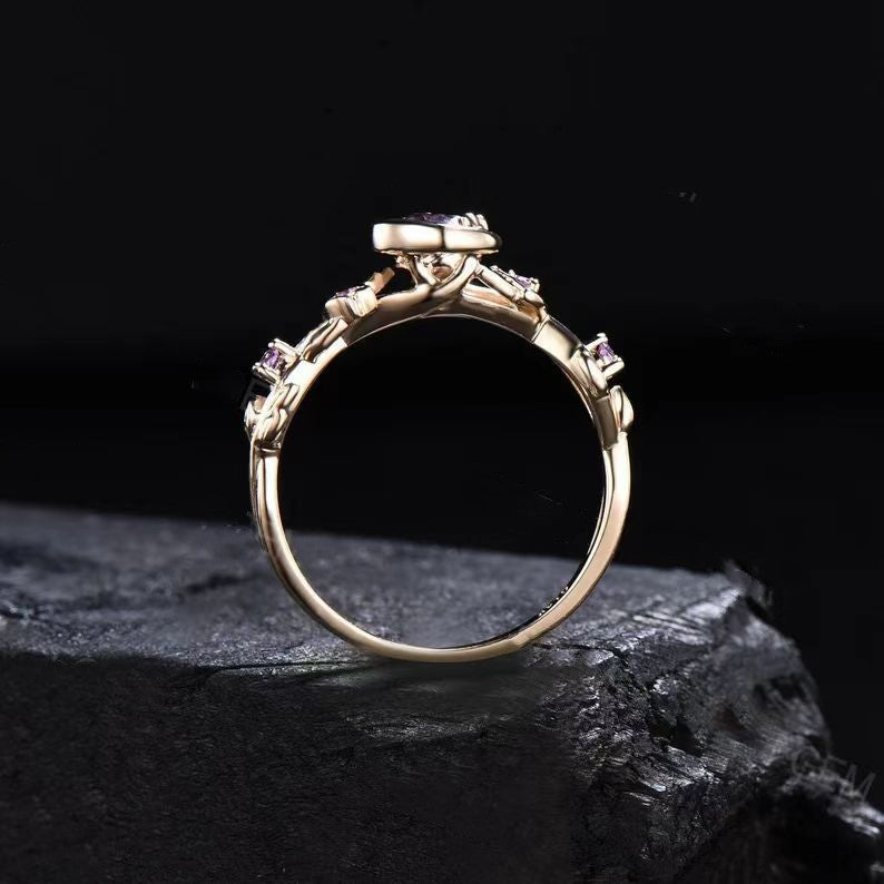 Unique women's color change Alexandrite and Amethyst engagement ring, fine gemstone jewelry.