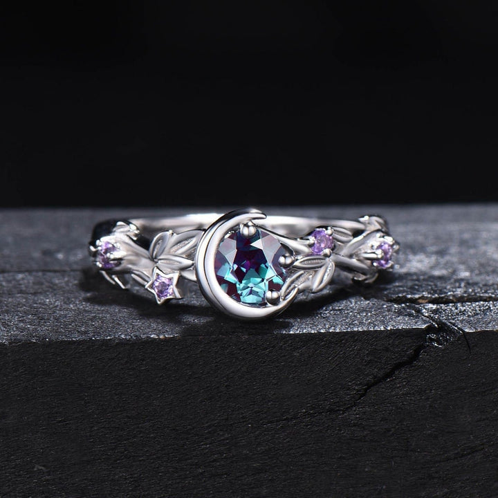 Sterling silver women's engagement ring with vibrant color change Alexandrite & Amethyst.