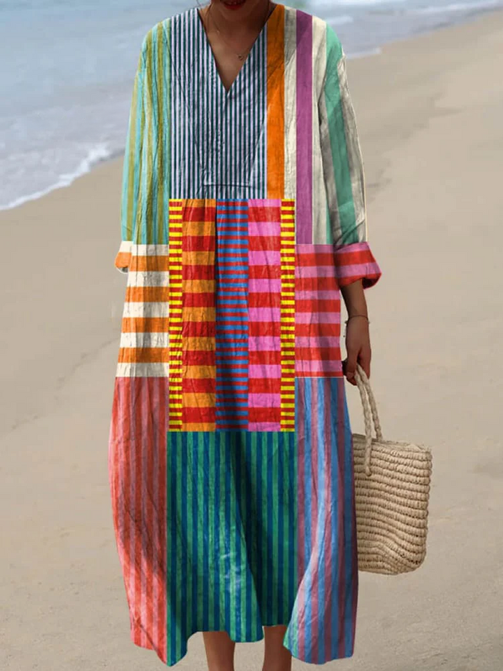 Women's colorful patchwork maxi dress with V-neck & long sleeves, elegant casual spring/summer style.